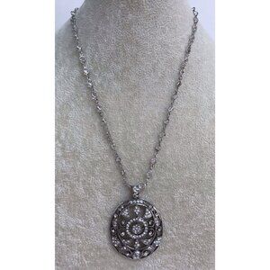 Vtg Monet Designer Necklace Silver Toned Rhinestone Pendant Victorian style